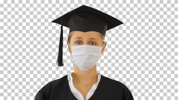 Graduate student lady in a medical mask, Alpha Channel alt