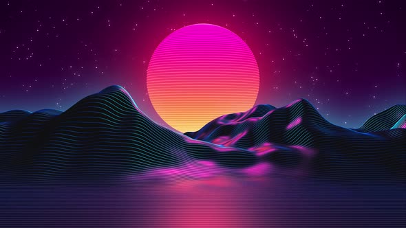 80s Synthwave Styled Landscape and Sunset 4K