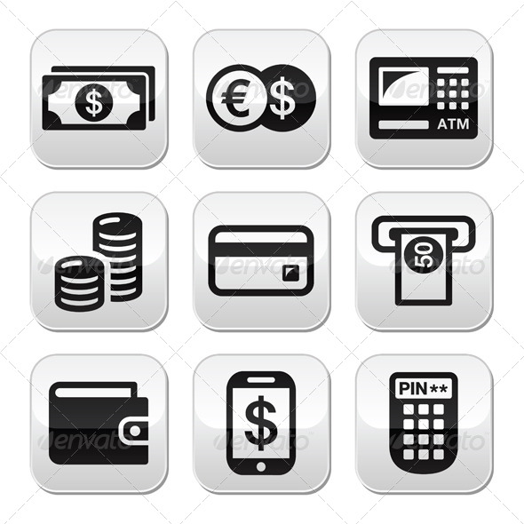 Money, ATM - Cash Machine Vector Buttons Set - Retail Commercial / Shopping