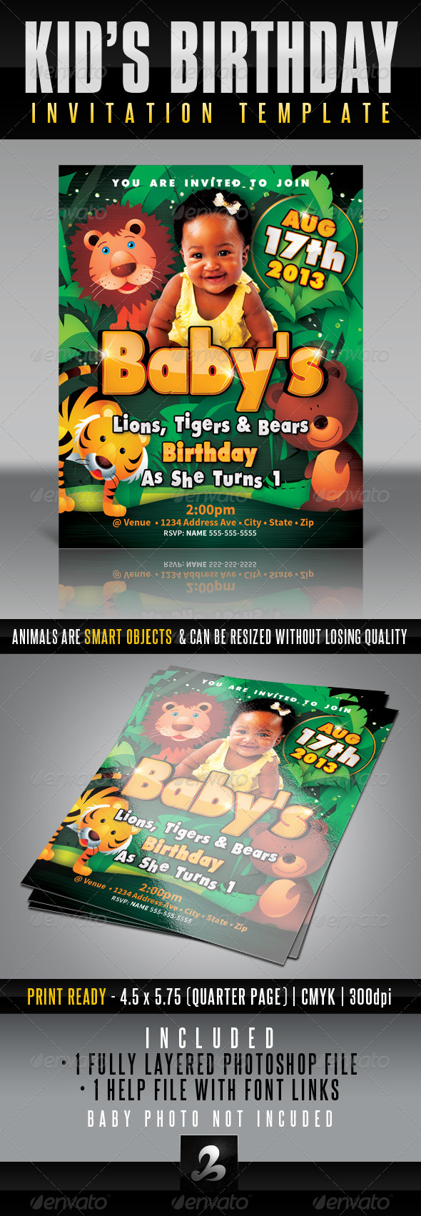 Kid's Birthday Invitation - Lions, Tigers & Bears - Invitations Cards & Invites