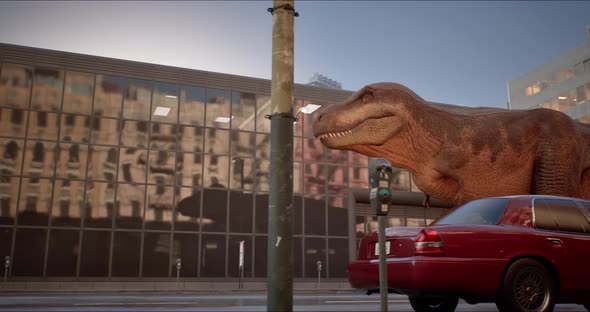 Tyrannosaurus Rex Walks Down a New York Street
