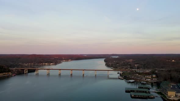 Sunset at Bridge Crossing the Lake of the Ozarks in Missouri, Aerial alt