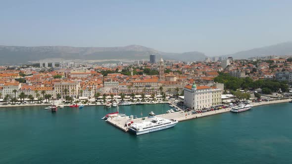 Aerial view of Split old town cityscape, Croatia. Moving forward drone shot, showing ancient roman t alt