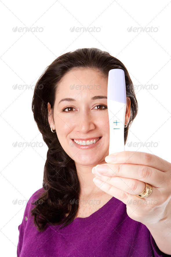 Happy woman - positive pregnancy test - Stock Photo - Images