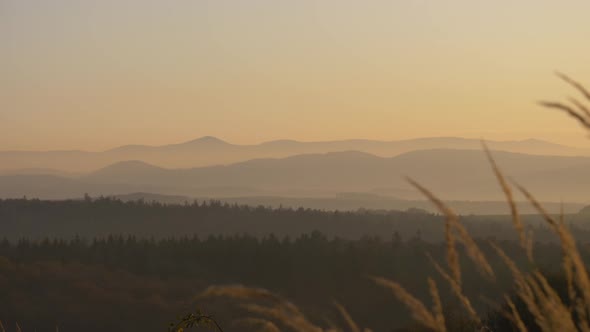 View on Sudetes mountains in sunset time in Autumn