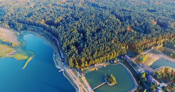 Sunset Amazing Forest Lake Among Scenic Green Pine Woods