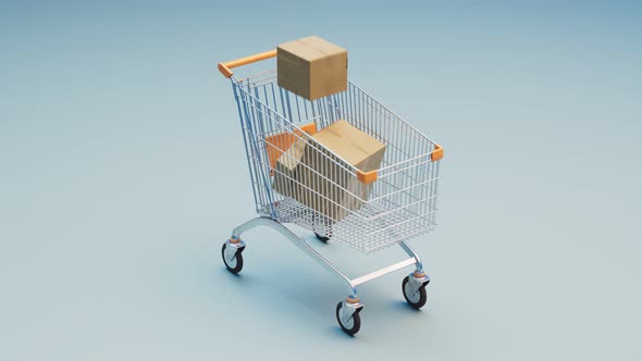 Animation of packages falls into a cart. Concept of shopping and shipping. Buy. alt
