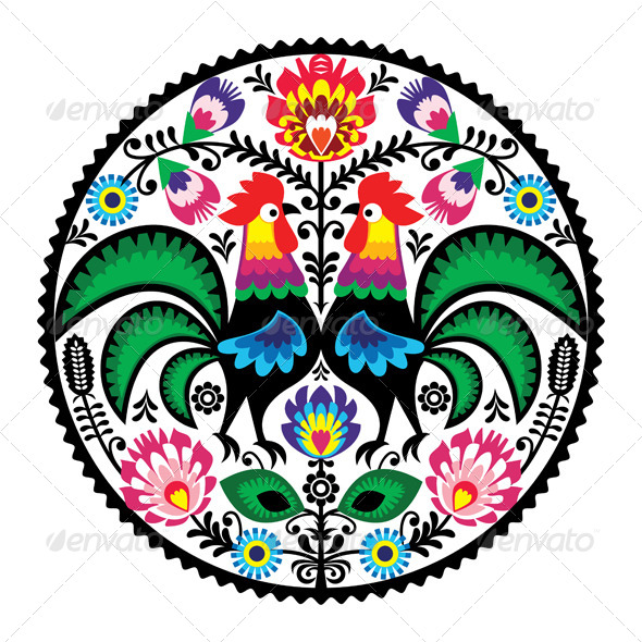 Polish Floral Embroidery with Roosters Pattern - Flourishes / Swirls Decorative