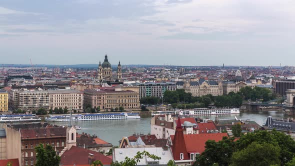 Time lapse, view from above on the Budapest city, historical district and Danube river in Hungary