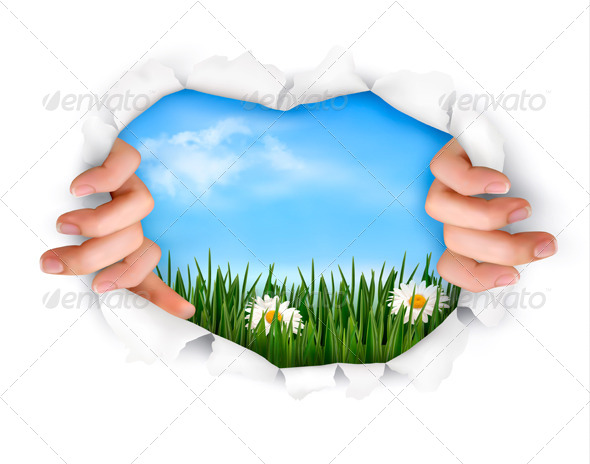 Nature Background with Ripped Paper and Hands - Seasons Nature