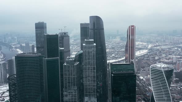 Aerial Drone Shot of Moscow City Skyscrapers at Cloudy Winter Day