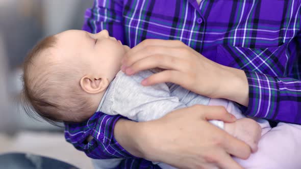 Closeup Caring Mother Hand Caress Sleeping Little Cute Baby Enjoying Motherhood alt