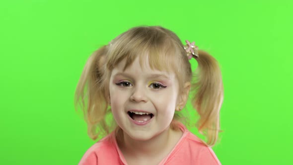 Positive Girl Emotionally Make Faces and Smile in Pink Blouse. Chroma Key alt
