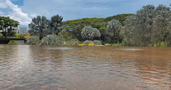 Pan View of Garden Over Water