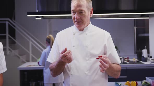 Professional Caucasian male chef in a restaurant kitchen teaching a group of trainee chefs alt