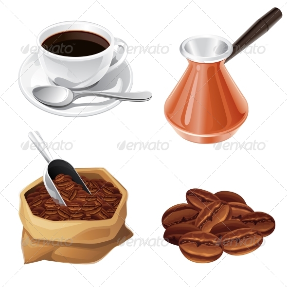 Coffee Beans, Turk, Cup, Bag of Coffee. - Food Objects