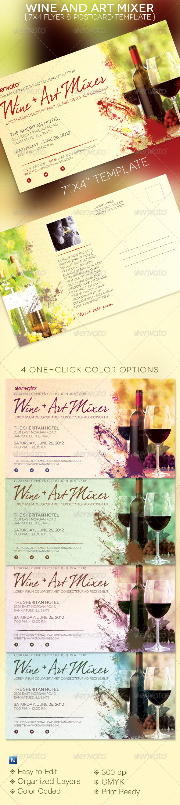 Wine Art Mixer Flyer Postcard Template - Restaurant Flyers