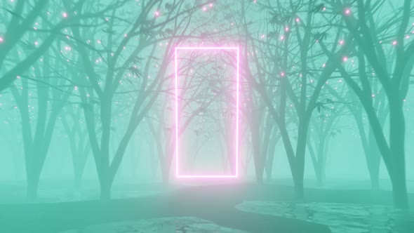 3D rendered loop animation of rotating neon rectangle in mystical foggy forest