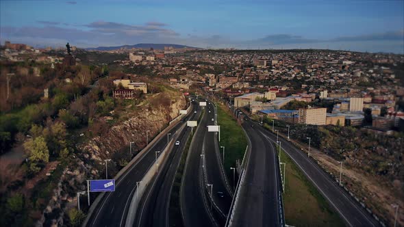 Yerevan city sunset and traffic aerial video alt
