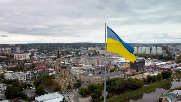 Flag of Ukraine, Cathedral Kharkiv city aerial