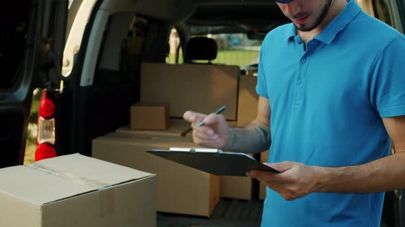 Guy in Uniform Counting Cardboard Boxes in Van and Doing Paperwork Busy with Delivery Service alt
