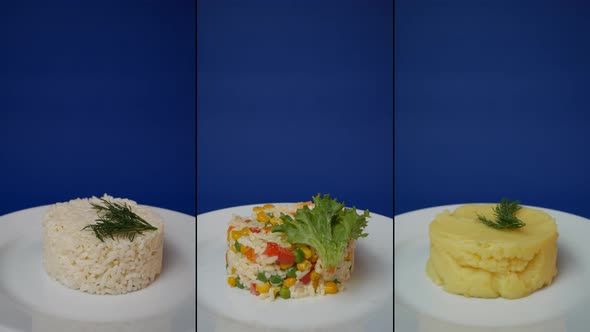 collage of rotation of ready meals. side dishes. restaurant food. healthy, prepared food alt