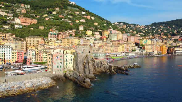 Drone view of the beautiful coast town of Camogli alt