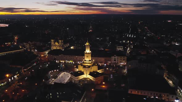 Aerial Sunset View of the Center of Ivano Frankivsk City in the Evening, Ukraine. Old Historical