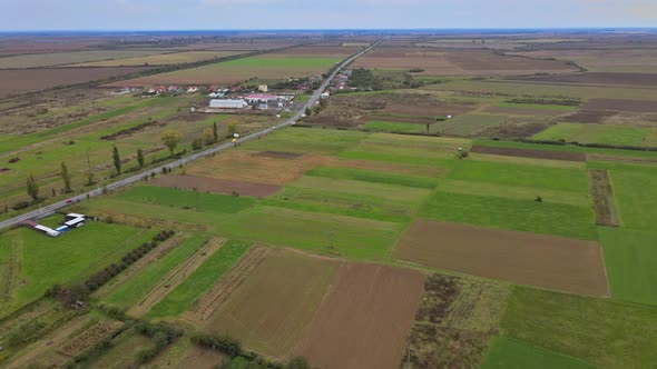 Aerial Top View of a Land with Down Green Fields in Countryside with Grown Plants alt