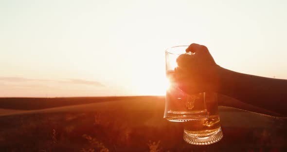 Female Hands Holds Two Pints of Beer on Sun Shining on Colourful Nature alt
