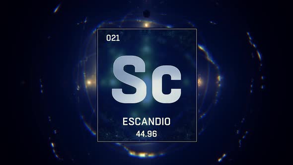 Scandium as Element 21 of the Periodic Table on Blue Background in Spanish Language