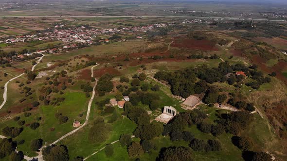 View From Drone of Ancient Ruins Monastery and Beautiful Green Fields