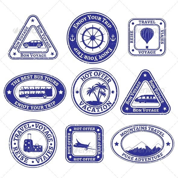 Set of Scratched Stamps on Travel and Tourism - Travel Conceptual