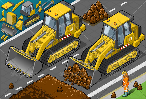 Isometric Yellow Bulldozer in Front View - Objects Vectors