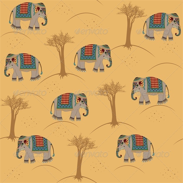 Seamless Indian Pattern with Elephant - Animals Characters