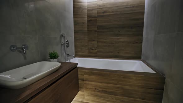 Interior of a Fitted Modern Bathroom Interior with Wood or Timber Decor and a White Hand Basin alt