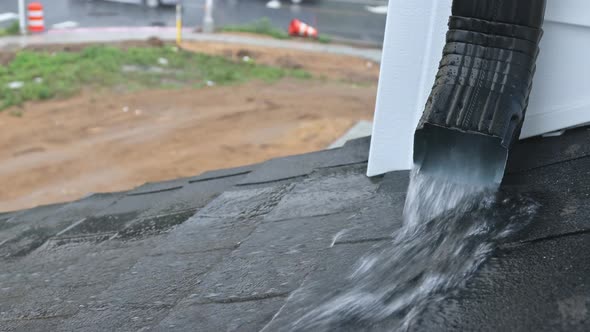 Working Gutter on a Rainwater Dripping From the Roof During the Rainy Season alt