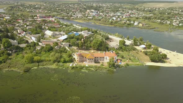 Aerial to Starokostiantyniv Castle Built at the Confluence of the Sluch and Ikopot Rivers Ukraine alt
