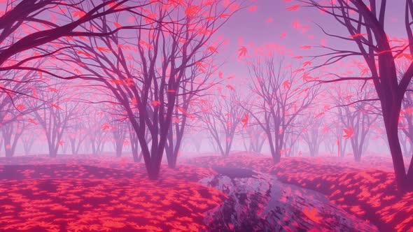 Autumn Forest with Red Leaves 3D Background Render