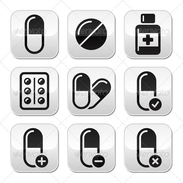 Pills, Medication Vector Buttons Set - Health/Medicine Conceptual