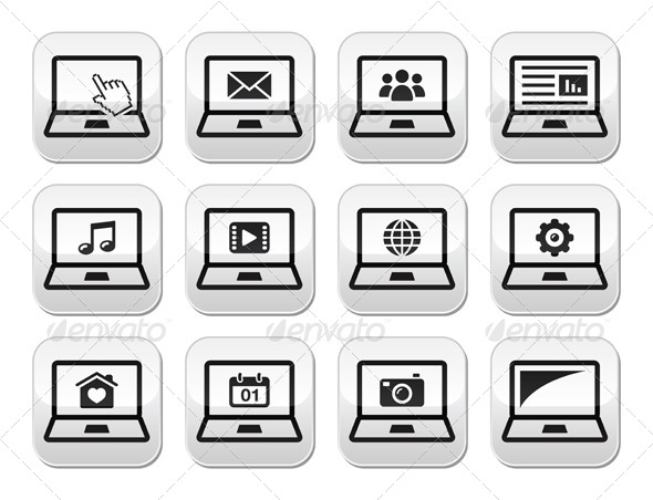 Laptop Black Vector Buttons Set - Computers Technology