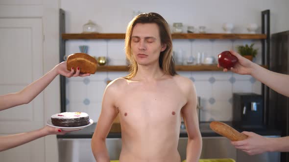 Portrait of Shirtless Thin Man Refusing To Eat Food Being on Severe Diet alt