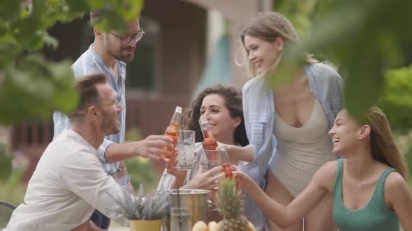 Group of happy young people cheering with cider by the pool in the garden