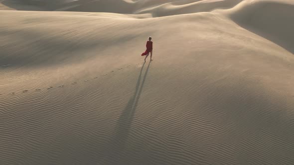 Wild Nature Travel  Aerial Video, Woman Is Walking By the Sand Dune at Sunset alt