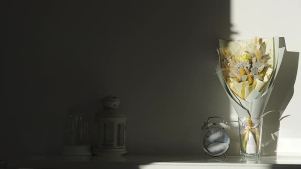 Bouquet of Dry Flowers in Dark Living Room Dried Flower Bouquet in Sunlight alt
