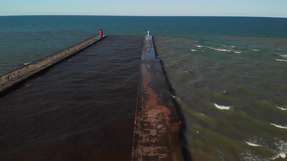 Aerial View Of The South Haven Lighthouse On Lake Michigan
