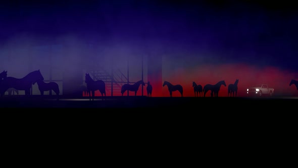 Pickup Truck and Horses on Colorful Foggy Background alt