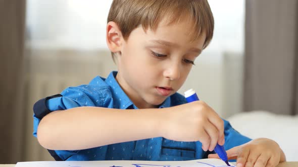 Portrait of a Boy of Preschool Age. The Child Sits at the Table and Paint a Bright Blue Felt Pen on
