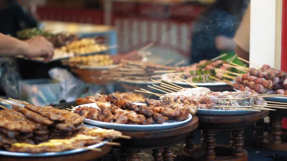 Ready-Made Food Is Sold in The Street Market, Slow Motion alt