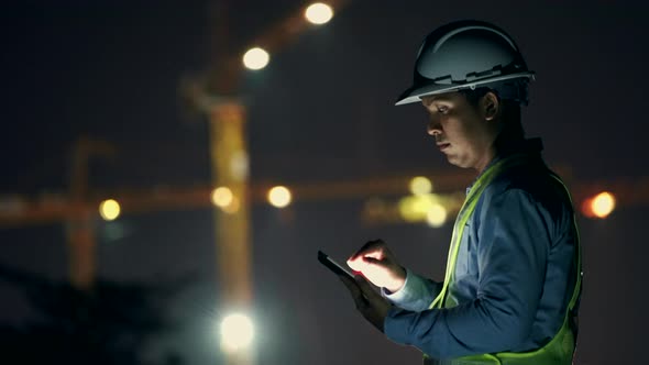 Civil field engineer check and inspection building work on site in night time